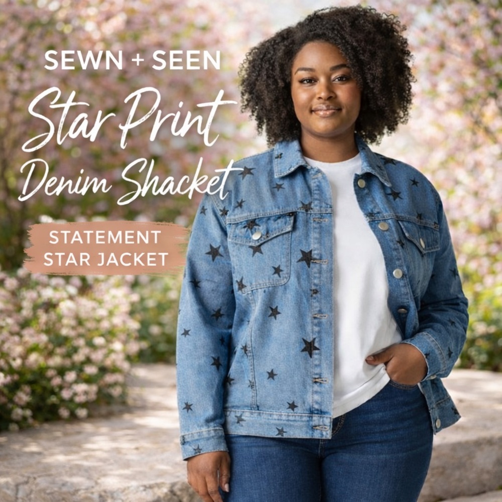 Sewn + Seen Star Print Denim Jacket Blue Shacket Statement Jacket Sz L